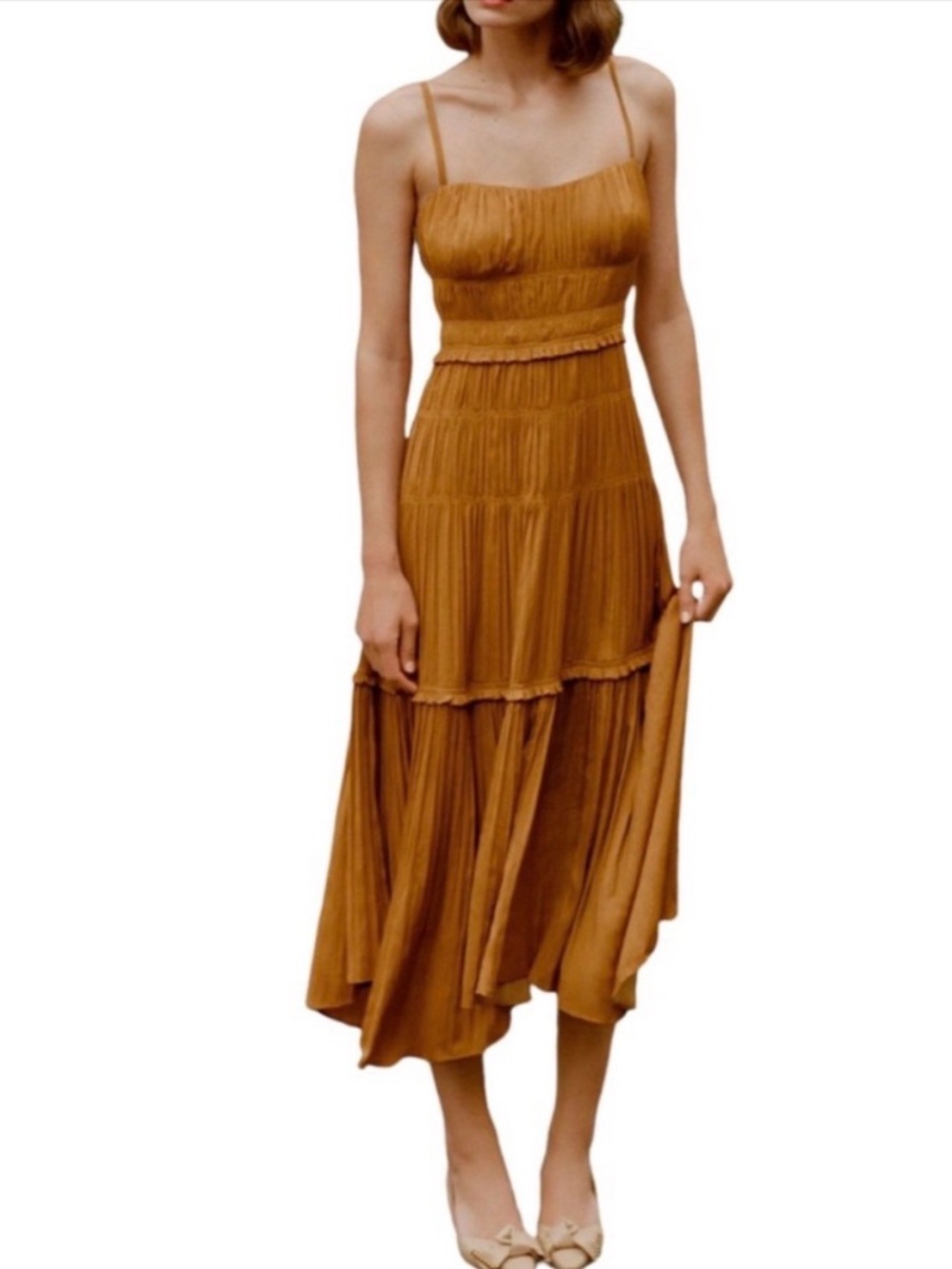 Anthropologie Ruched Tiered Satin Slip Midi Dress Gold/Bronze - Size 6